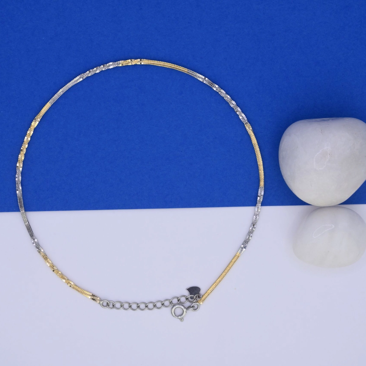 Chic Dual-Tone Sparkle-Cut Herringbone Anklets – 925 Silver 3 Top view of Chic Dual-Tone Sparkle-Cut Herringbone Anklets 925 Silver