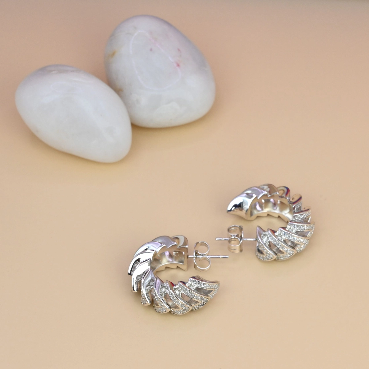 Sculptural Pave Huggie Hoop Earrings – 925 Silver 3 Top view of Sculptural Pave Huggie Hoop Earrings 925 Silver