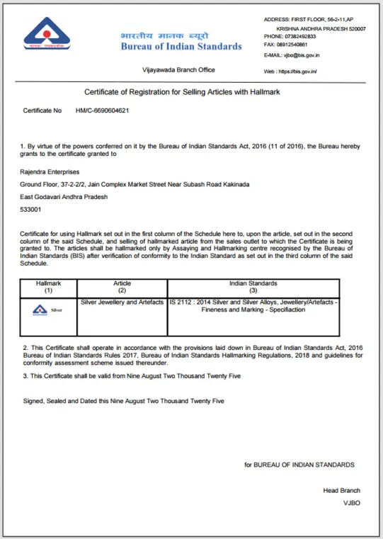 AHARSHI BIS Hallmark Certificate