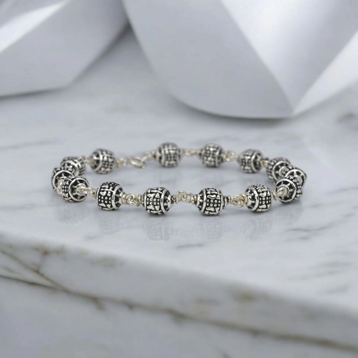 Oxidized Rudraksha-Style Bead Bracelet – 925 Silver 2 Beads close up of Oxidized Rudraksha-Style Bead Bracelet 925 Silver