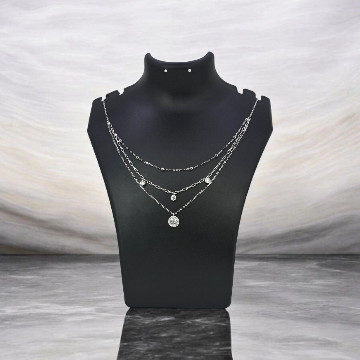 Layered Mixed Chain Medallion Necklace – 925 Silver 2 Bust display of Layered Mixed Chain Medallion Necklace 925 Silver