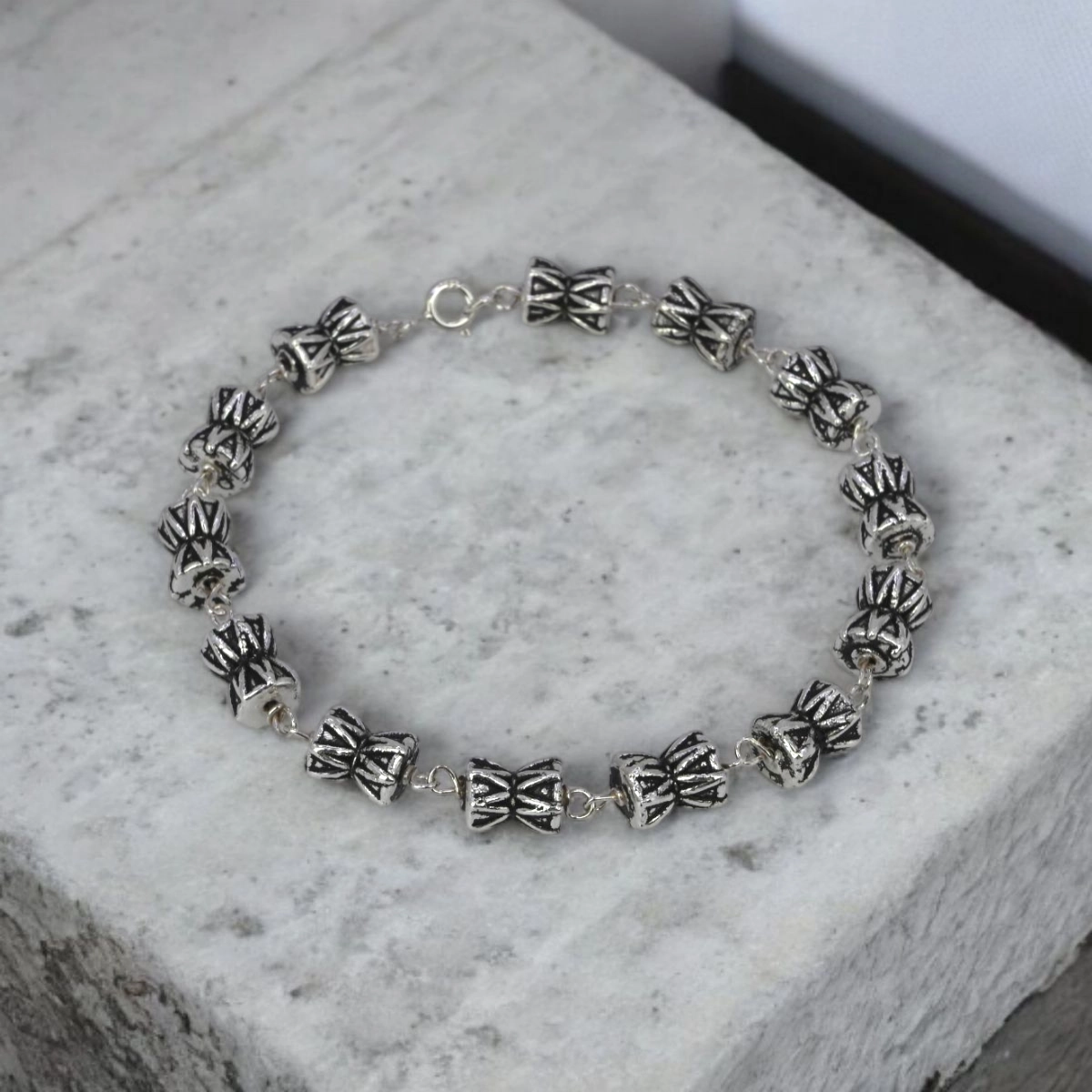 Antique Oxidized Damru Bead Bracelet – 925 Silver 1 Close up of Antique Oxidized Damru Bead Bracelet 925 Silver