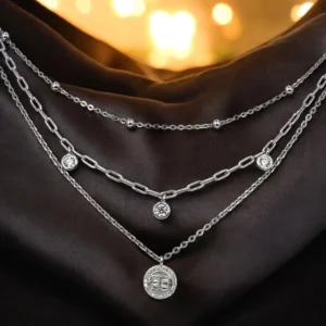 Layered Mixed Chain Medallion Necklace – 925 Silver 14 Close up of Layered Mixed Chain Medallion Necklace 925 Silver