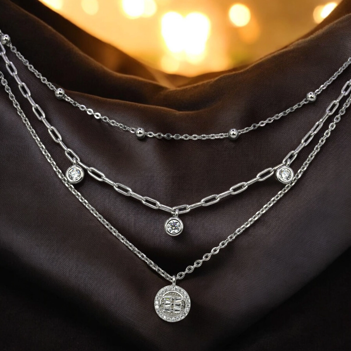 Layered Mixed Chain Medallion Necklace – 925 Silver 1 Close up of Layered Mixed Chain Medallion Necklace 925 Silver