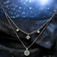 Close up of Two-Layer Mixed CZ Charm Necklace 925 Silver