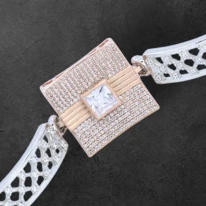 Luxe Dual-Tone Geometric Plaque Bracelet – Rose Gold 925 Silver 10 Close up of the center piece of Luxe Dual-Tone Geometric Plaque Bracelet Rose Gold 925 Silver