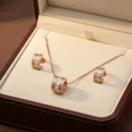 Front view of Rose Gold Canary CZ Necklace Set 925 Silver