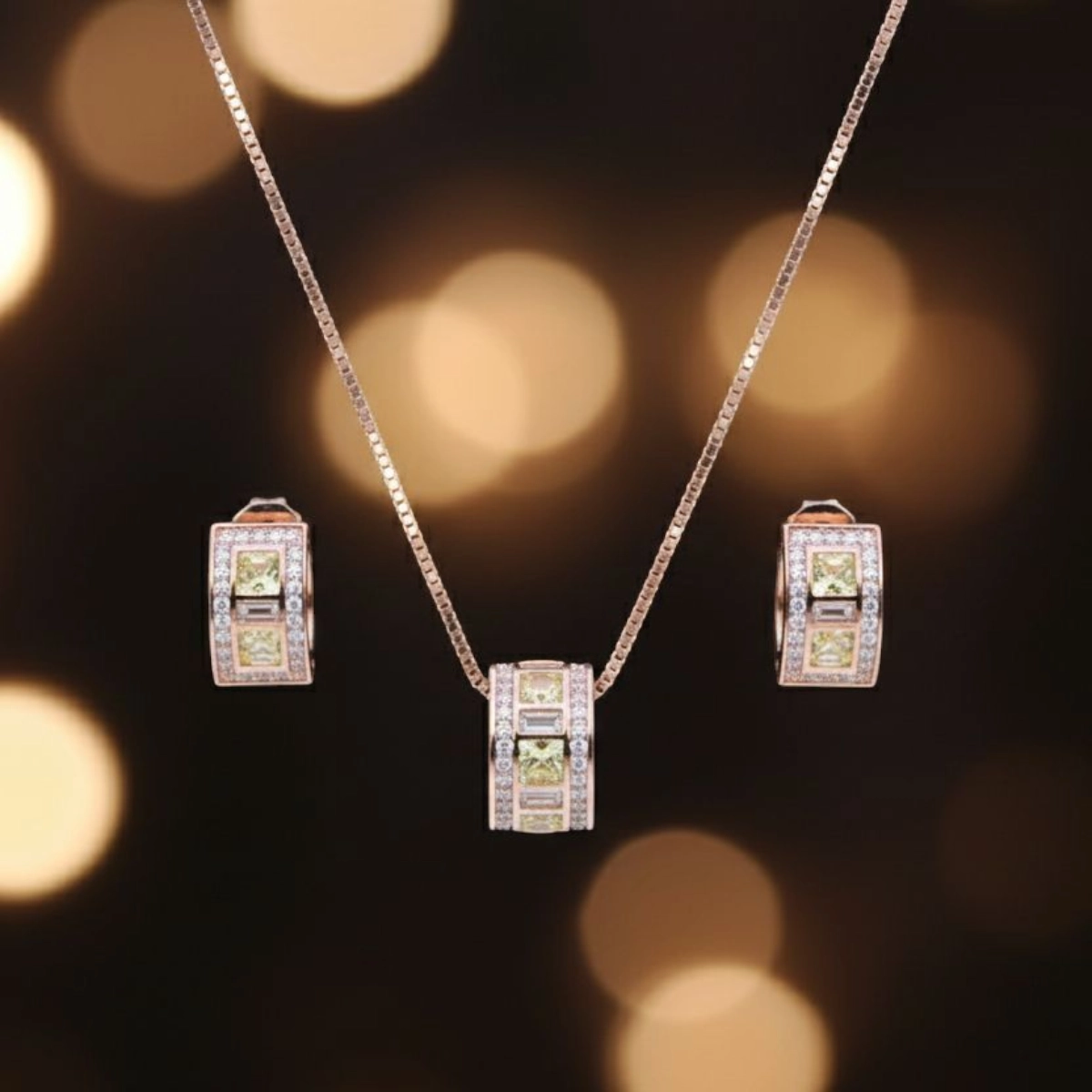 Rose Gold Canary CZ Necklace Set – 925 Silver 2 Hanging view of Rose Gold Canary CZ Necklace Set 925 Silver