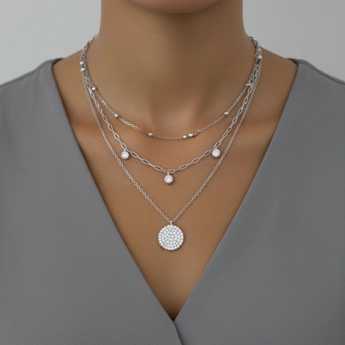 Layered Mixed Chain Medallion Necklace – 925 Silver 3 Model wearing Layered Mixed Chain Medallion Necklace 925 Silver