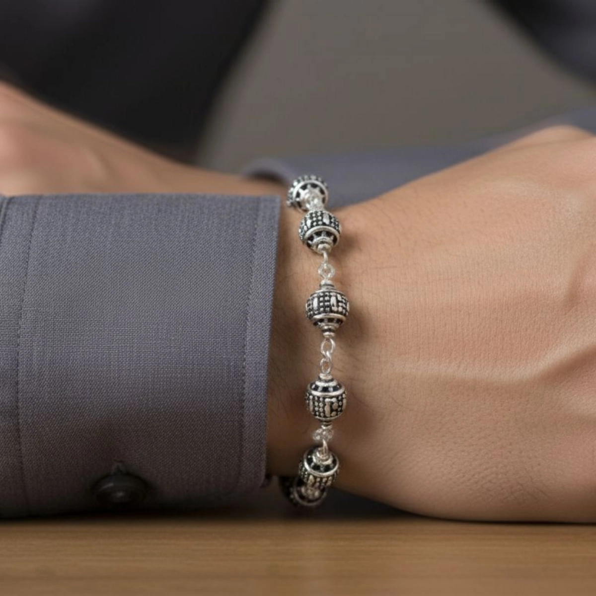 Oxidized Rudraksha-Style Bead Bracelet – 925 Silver 3 Model wearing Oxidized Rudraksha-Style Bead Bracelet 925 Silver