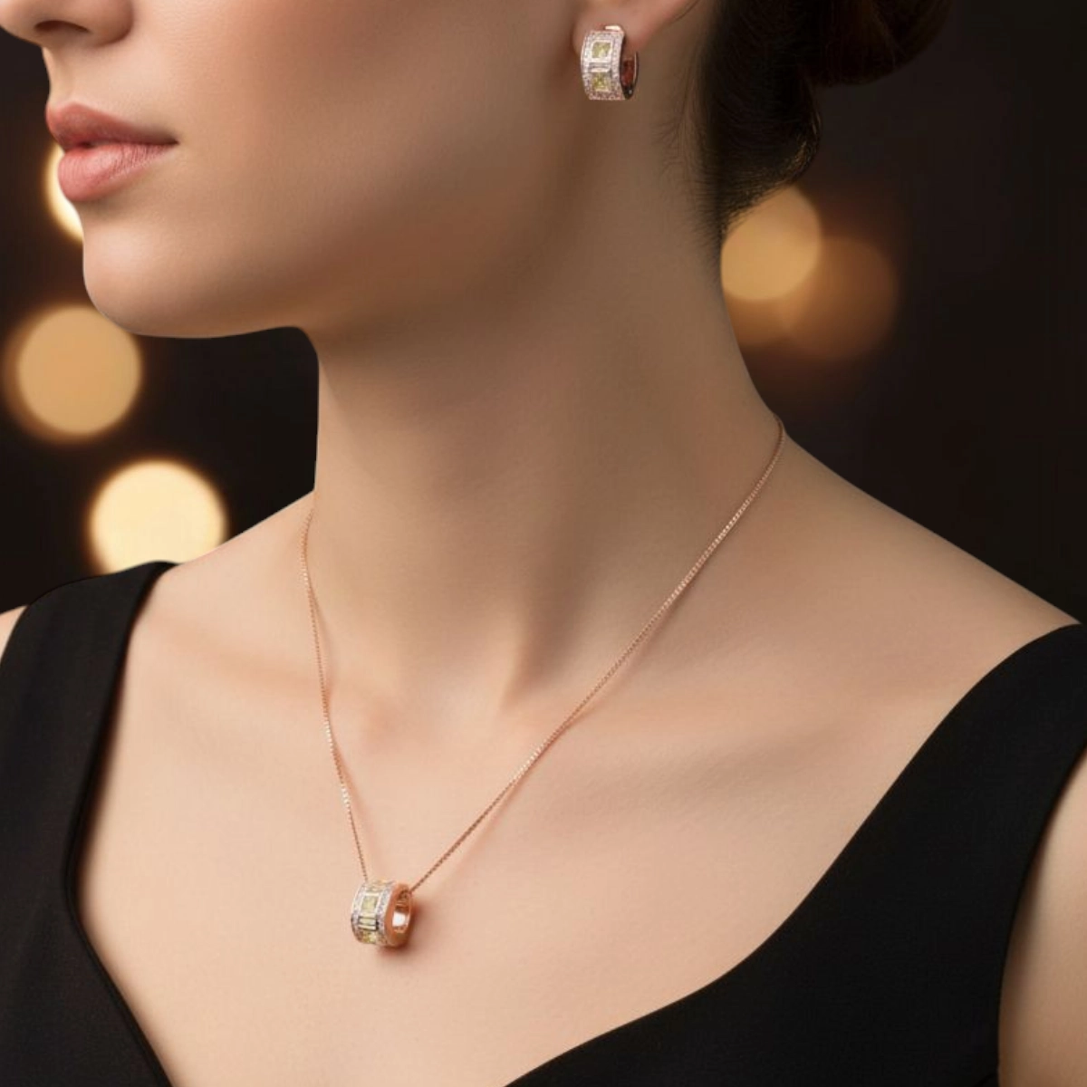 Rose Gold Canary CZ Necklace Set – 925 Silver 5 Model wearing Rose Gold Canary CZ Necklace Set 925 Silver