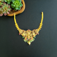 Close up of Antique Gaja Lakshmi Motif Necklace with Green Bead Drops Gold Plated 925 Silver
