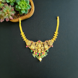 Gaja Lakshmi Motif Necklace with Green Bead Drops – Gold Polished 925 Silver 18 Close up of Antique Gaja Lakshmi Motif Necklace with Green Bead Drops Gold Plated 925 Silver