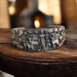 Close up of Divine Rama Vanvas Oxidized Cuff Kada 925 Silver