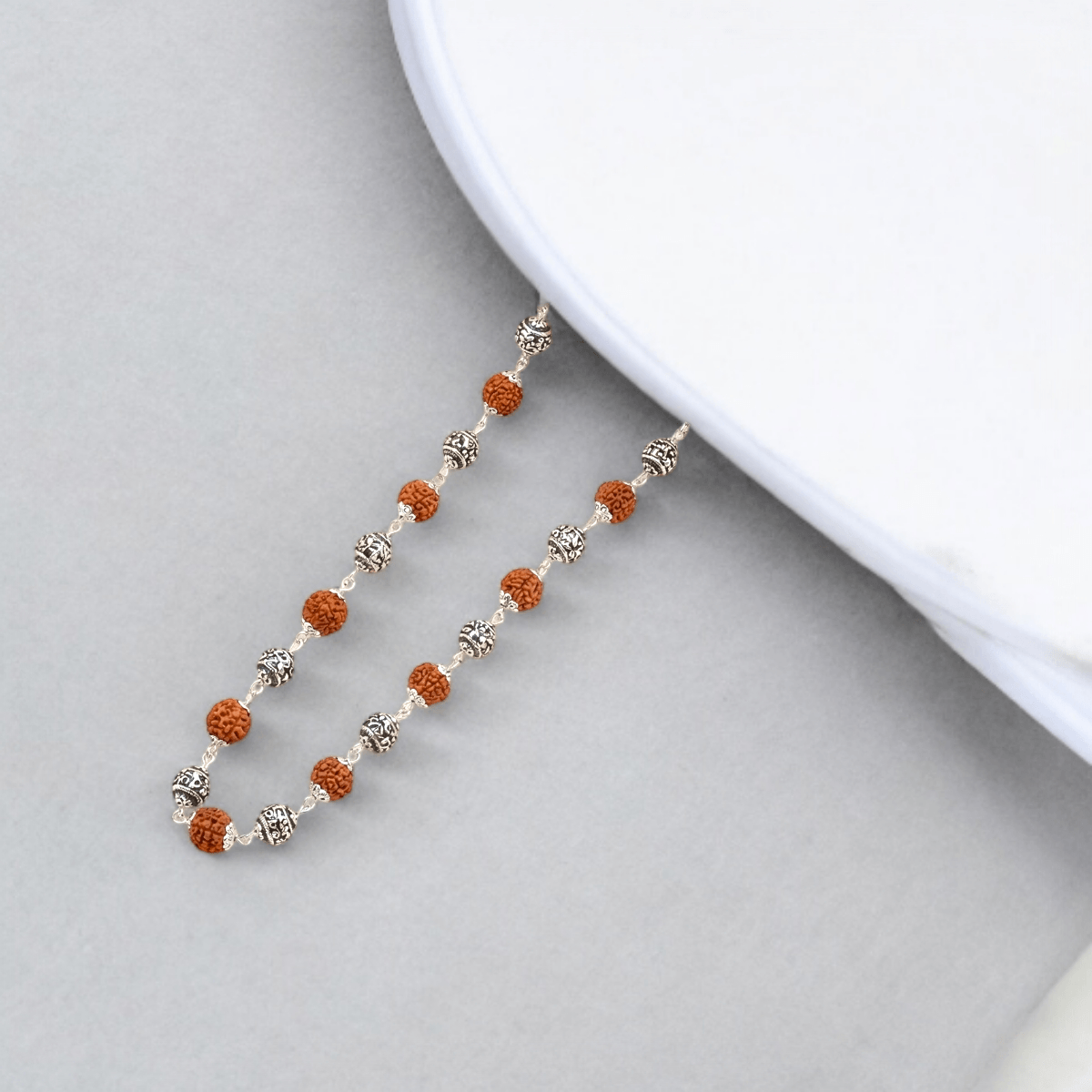 Divine Rudraksha and Silver Bead Mala Chain – 925 Silver 2 Close up of Divine Rudraksha and Silver Bead Mala Chain 925 Silver