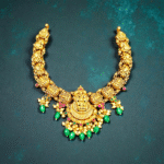 Close up of Grand Antique Lakshmi Motif Necklace with Green Bead Drops Gold Plated 925 Silver