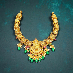 Grand Lakshmi Motif Necklace with Green Bead Drops – Gold Polished 925 Silver 16 Close up of Grand Antique Lakshmi Motif Necklace with Green Bead Drops Gold Plated 925 Silver