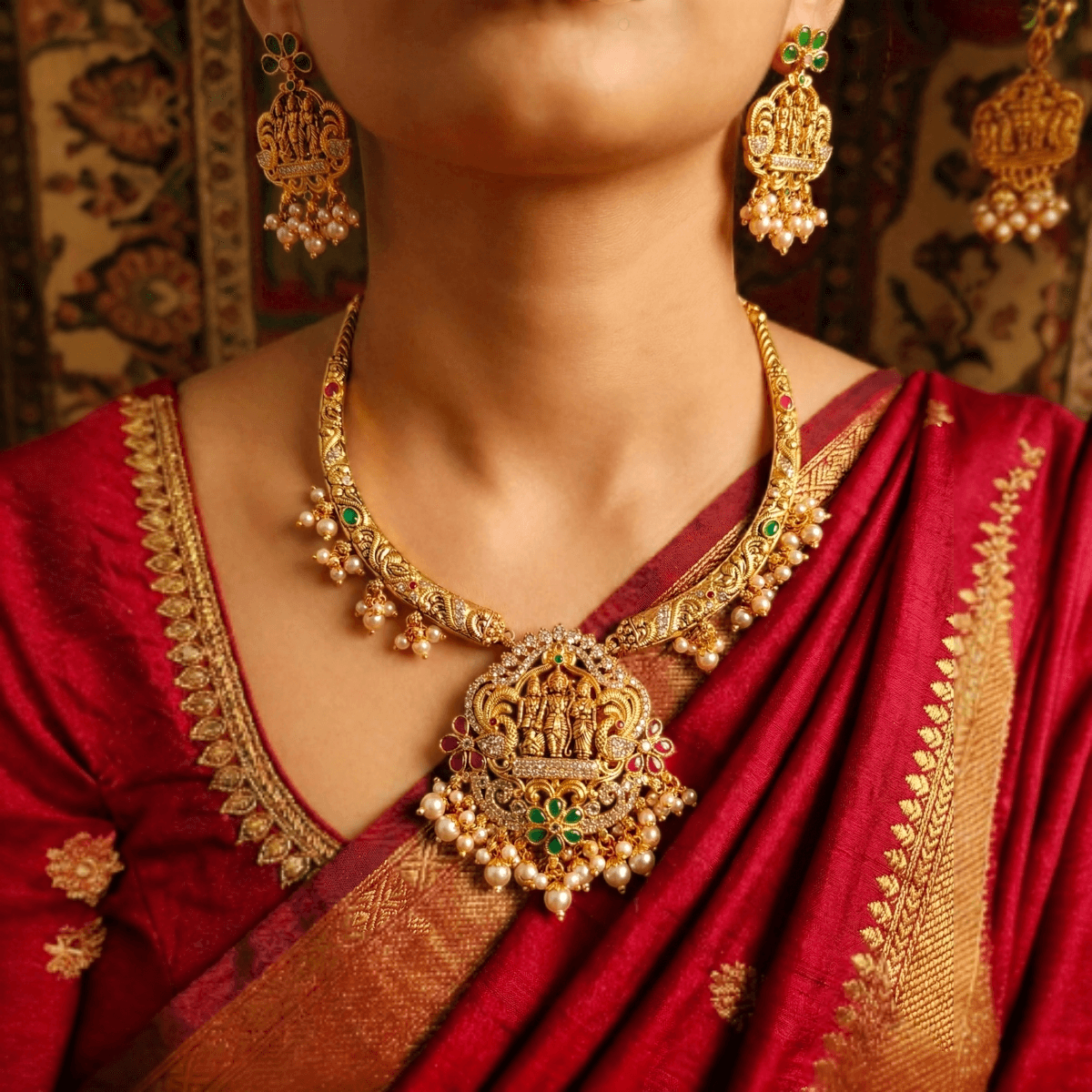 Divine Ram Parivar Hasli Necklace Set – Gold Polished 925 Silver 2 Model wearing Divine Antique Ram Parivar Hasli Necklace Set Gold Plated 925 Silver