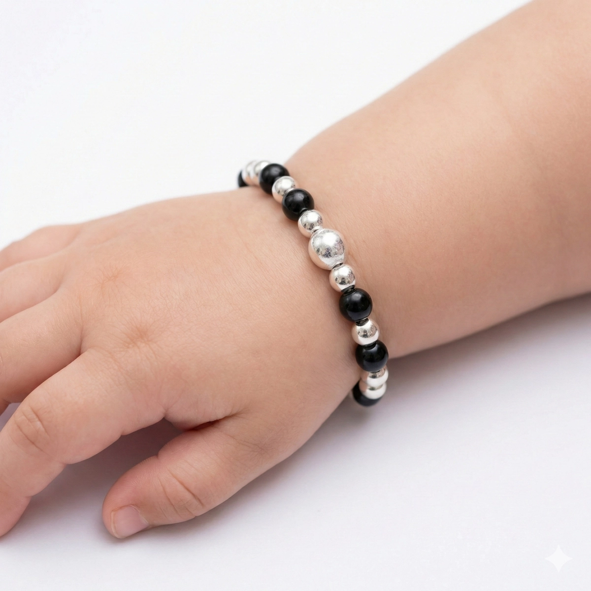 Adjustable Timeless Black Bead Silver Nazariya Kids Kadali – 925 Silver 3 Baby wearing Adjustable Timeless Black Bead Silver Nazariya Kids Kadali 925 Silver
