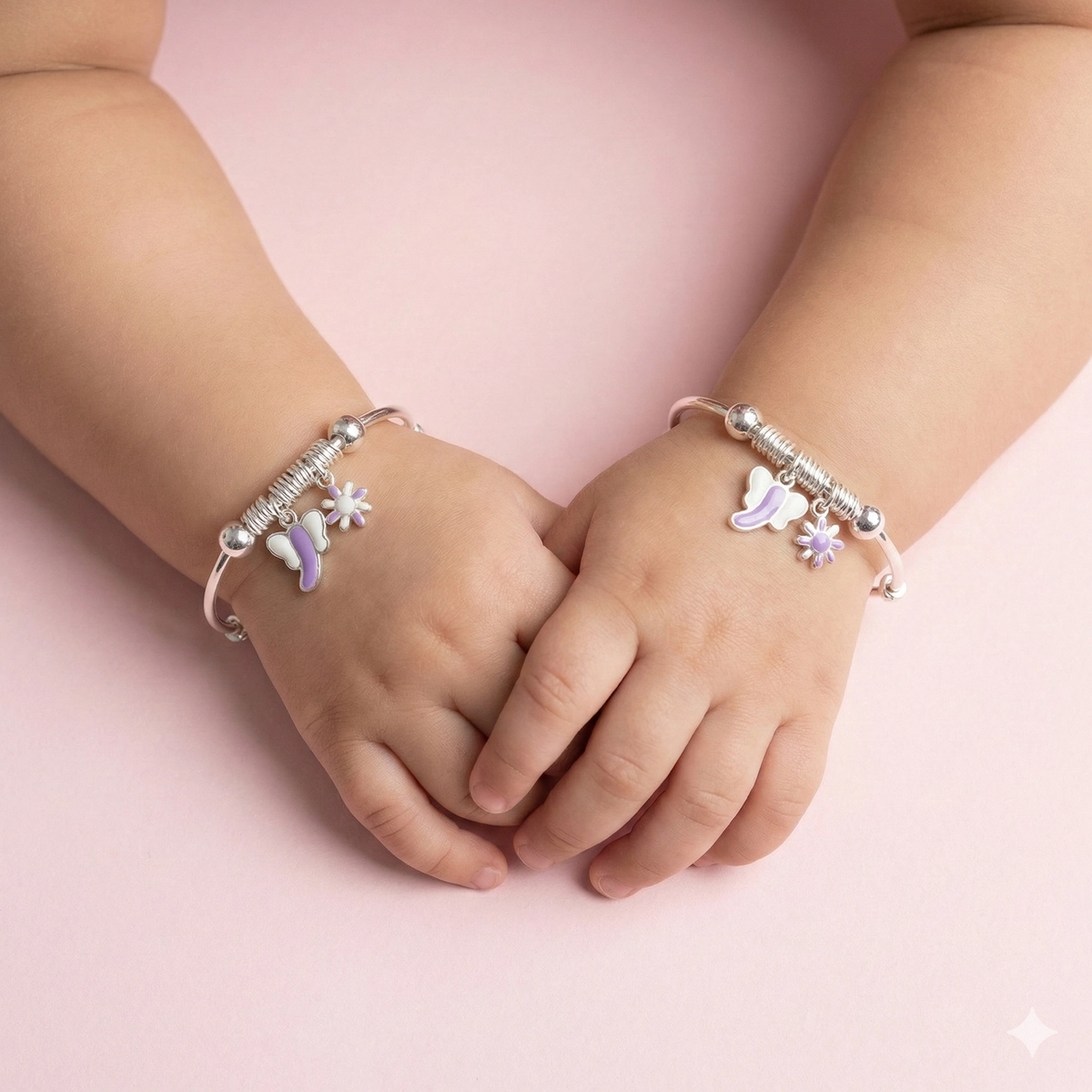 Playful Adjustable Silver Purple Butterfly Flower Kids Kadali – 925 Silver 3 Baby wearing Playful Adjustable Silver Purple Butterfly Flower Kids Kadali 925 Silver