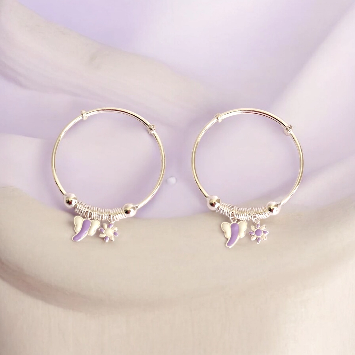 Playful Adjustable Silver Purple Butterfly Flower Kids Kadali – 925 Silver 2 Both kadali on display of Playful Adjustable Silver Purple Butterfly Flower Kids Kadali 925 Silver