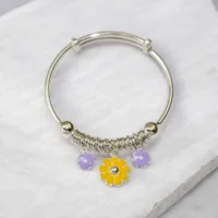 Close up of Adjustable Silver Sunny Yellow Lavender Floral Kids Kadali 925 Silver