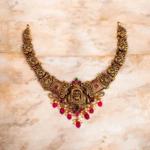 Close up of Heritage Ruby Pink Lakshmi Peacock Patti Necklace 925 Silver