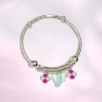 Close up of Playful Adjustable Silver Aqua Elephant Pink Flower Kids Kadali 925 Silver
