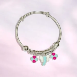 Close up of Playful Adjustable Silver Aqua Elephant Pink Flower Kids Kadali 925 Silver