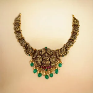 Close up of Royal Antique Lakshmi Peacock Nakshi Panel Necklace 925 Silver