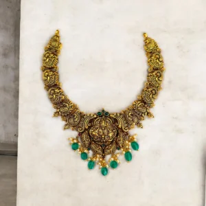 Close up of Royal Antique Nakshi Peacock Green Bead Necklace 925 Silver