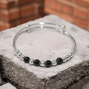 Close up of Sparkling Stardust Black Bead Nazariya Adjustable Silver Kids Kadali 925 Silver