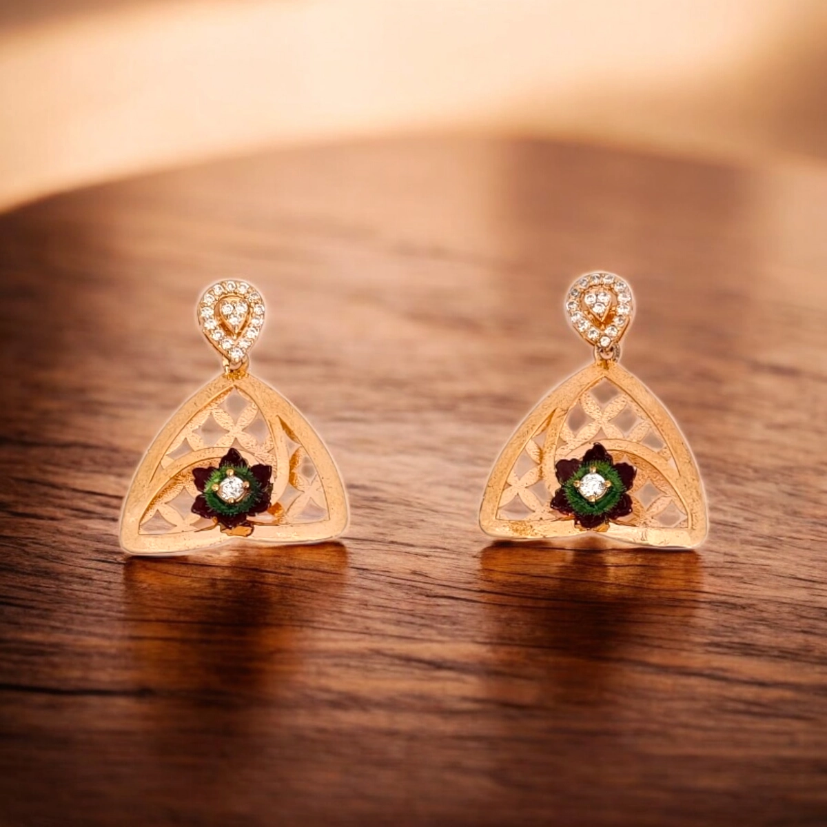 Modern Rose Gold Triangular Lattice Necklace Set – 925 Silver 2 Ear rings on display of Modern Rose Gold Triangular Lattice Necklace Set 925 Silver