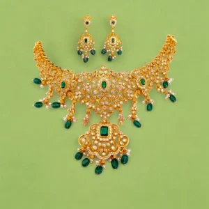 Full length display of Royal Emerald CZ Floral Necklace Set 925 Silver