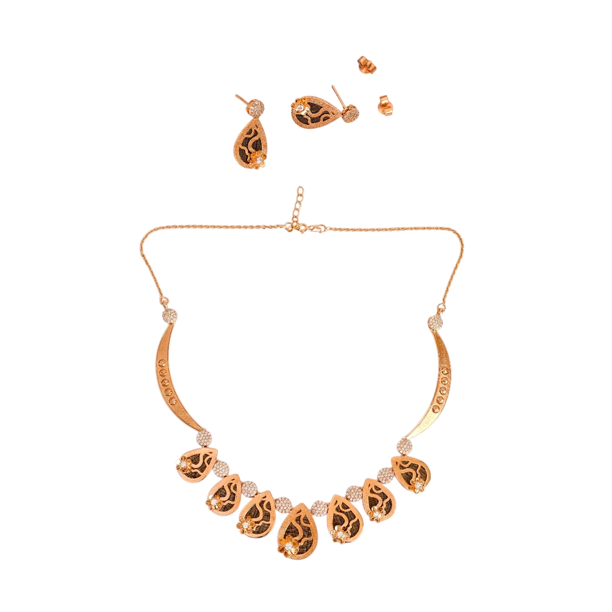 Modern Rose Gold Mesh Floral Teardrop Necklace Set – 925 Silver 3 Full length view of Modern Rose Gold Mesh Floral Teardrop Necklace Set 925 Silver