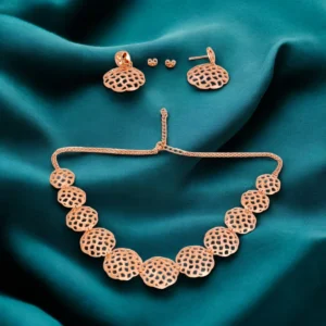 Full length view with chain locking on display of Elegant Rose Gold Geometric Lattice Necklace Set 925 Silver