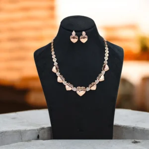 Full set on display of Romantic Rose Gold Heart Filigree Necklace Set 925 Silver