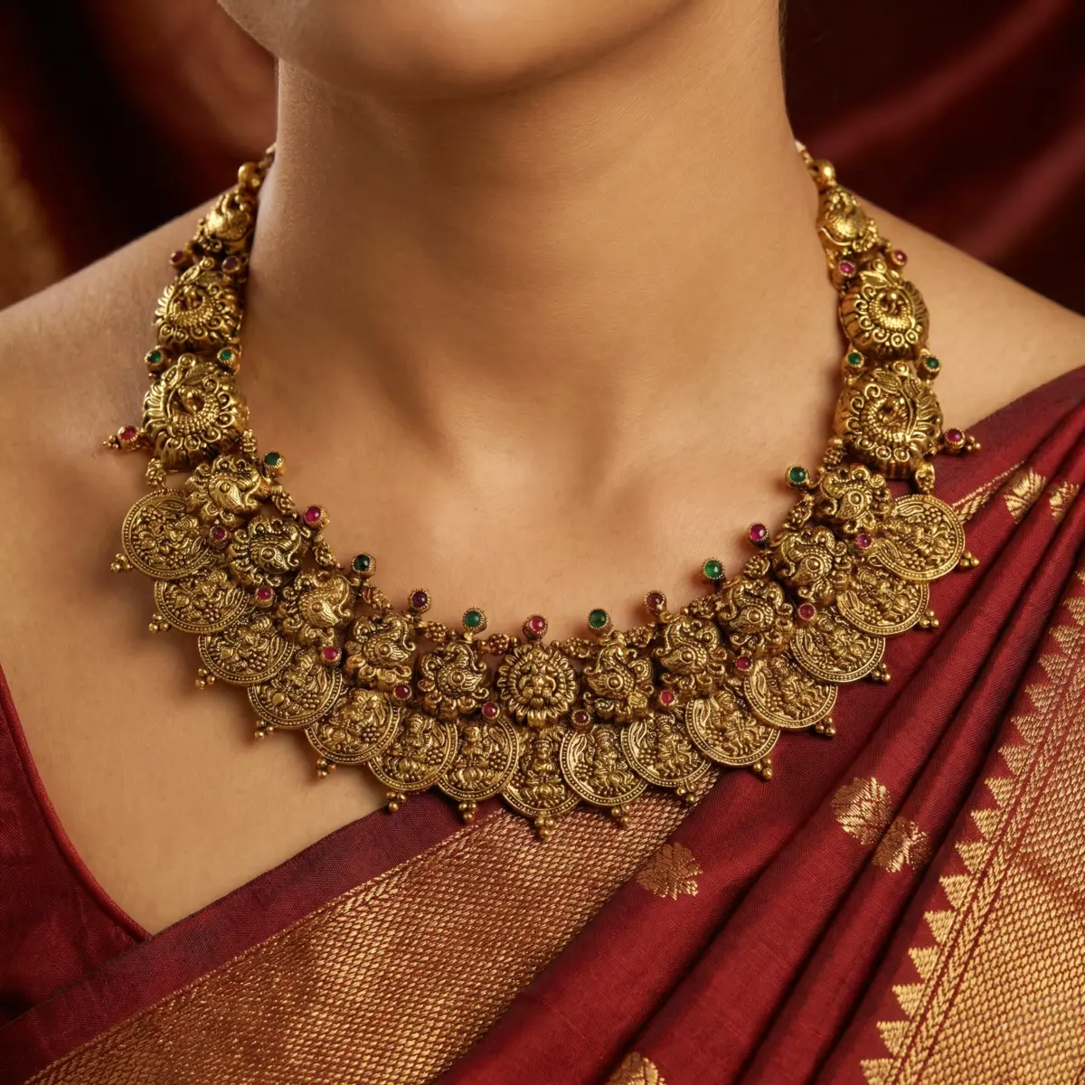 Royal Antique Lakshmi Kasu Mala Necklace – 925 Silver 2 Model wearing Royal Antique Lakshmi Kasu Mala Necklace 925 Silver