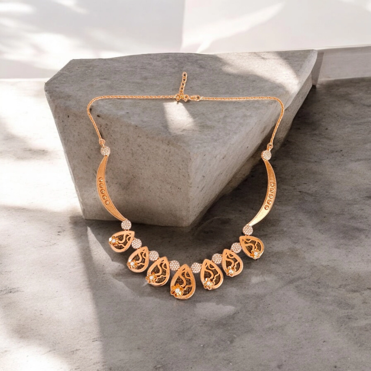 Modern Rose Gold Mesh Floral Teardrop Necklace Set – 925 Silver 1 Necklace on display of Modern Rose Gold Mesh Floral Teardrop Necklace Set 925 Silver